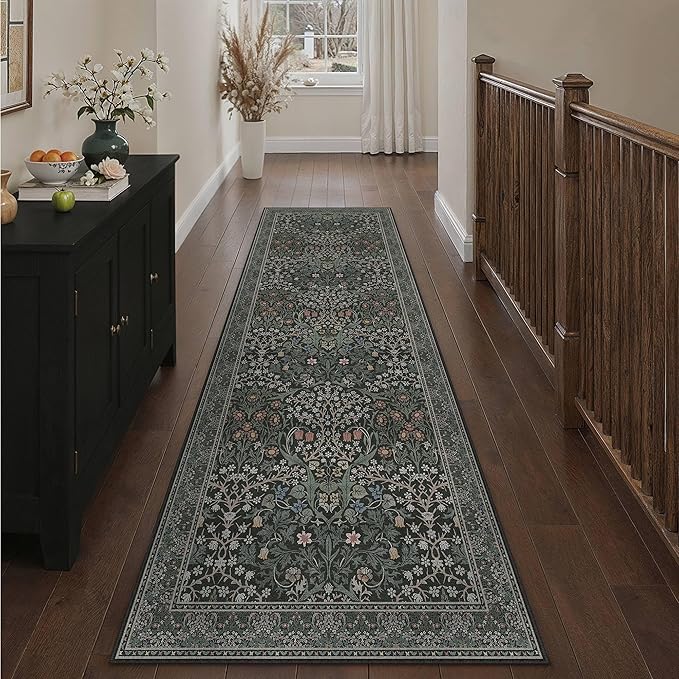 HUGEAR Vintage Floral 2x8 Machine Washable Runner Rugs Black Green Hallway Rug Retro Neutral Stain Resistant Non Slip Low Pile Throw Carpet for Bedroom Kitchen Aesthetic Modern Decor