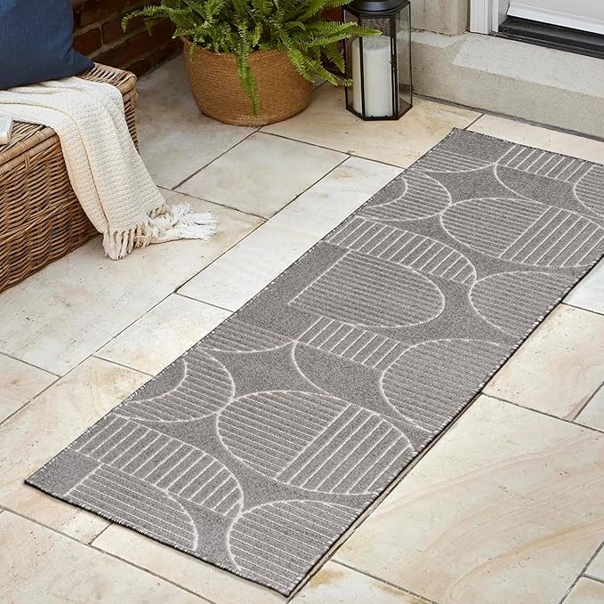JONATHAN Y Nordby High-Low Arch Striped Gray/Cream Indoor/Outdoor Runner Rug, 2x8, Contemporary,Bohemian,Transitional for Bedroom,Kitchen,Living Room,Non Shedding (SCN104C-28)