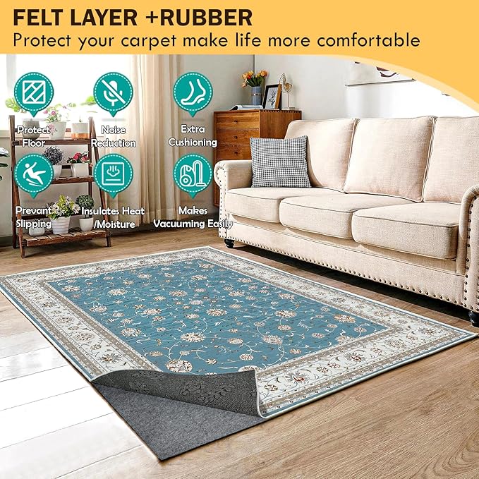 Waterproof Rug Pad 5x7 Ft, 1/8" Thick Under Area Carpet Padding, Non Slip Felt Rug Pads for Hardwood Floors, Protective Underlay Keeps Rugs in Place Without Wrinkles