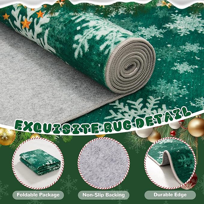 2x3 Christmas Doormat for Entryway, Washable Christmas Rugs Bathroom，Snowflake Front Porch Runner Rug，Non-Slip Green Christmas Rug Indoor(2'x3', Green/White)