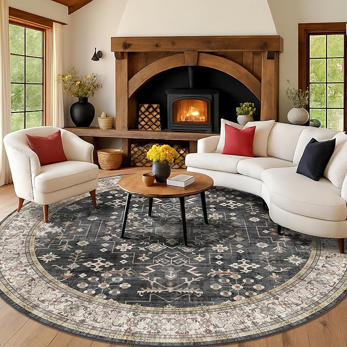 10ft Round Washable Rug - Large Area Rug for Living Room, Dining Room, Black Soft Farmhouse Bedroom Carpet with Geometric Floral Pattern, Modern Boho Décor, Low Pile & Soft Stain Resistant