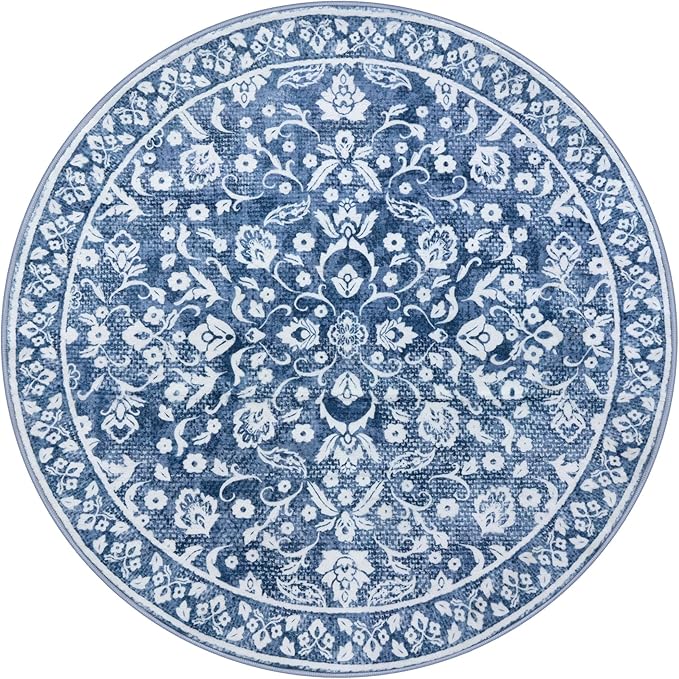 Blue and White Round Rug 6 Ft Rugs for Entryway Washable Circle Rug Non Slip Round Living Room Rugs Printed Faux Wool Vintage Round Dining Room Floor Carpet for Living Room, Bedroom