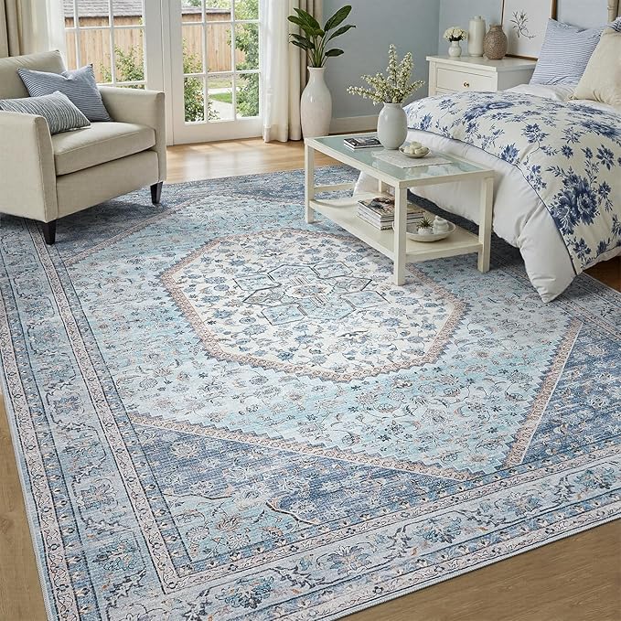 DCX Blue 5x7 Area Rug, Machine Washable Non Slip Stain Resistant Rug, for Living Room, Bedroom, Playroom, Soft Low Pile Large Nursery Carpet