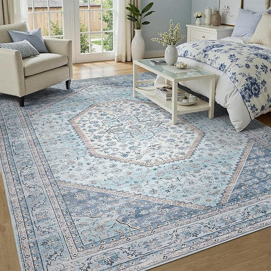 DCX Blue 5x7 Area Rug, Machine Washable Non Slip Stain Resistant Rug, for Living Room, Bedroom, Playroom, Soft Low Pile Large Nursery Carpet