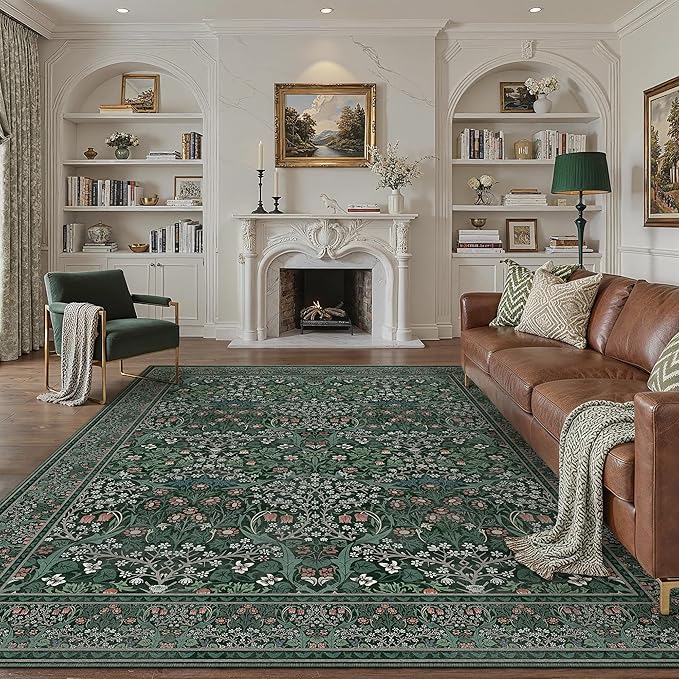 HUGEAR Vintage Floral Machine Washable 6x9 Area Rugs Green Living Room Bedroom Rug Retro Neutral Stain Resistant Non Slip Low Pile Throw Carpet for Home Aesthetic Modern Decor
