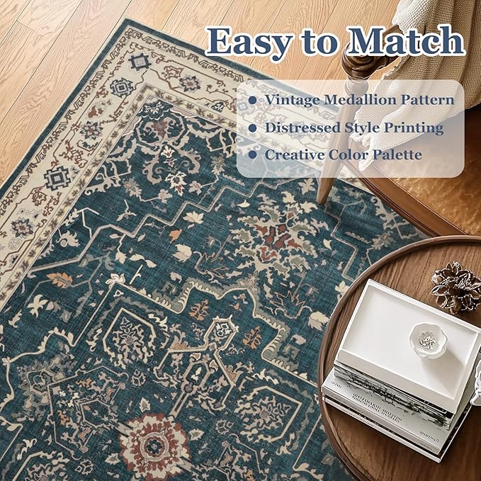 Round Rugs 4ft for Entryway, Low Pile Thin Washable Non Slip Small Circle Rug for Kitchen Dining Room, Tranditional Medallion Round Carpet for Bedroom Living Room, Deep Blue/Multi