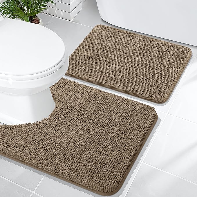 OLANLY Bathroom Rugs Sets 2 Piece, Soft Absorbent Chenille Bath Mats and U-Shaped Contour Toilet Mat Area Rug Set, Machine Washable Bath Carpet, Home Decor Accessories(24"x16"+24"x20", Tan)