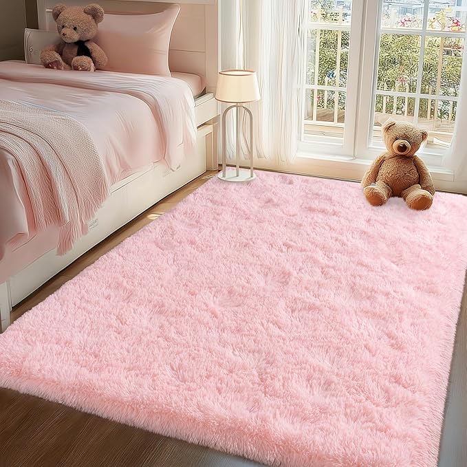 Pink Rugs for Bedroom Girls, 4x5.9 Shag Carpet for Living Room, Fluffy Shaggy Area Rug for Kids Room, Soft Non Slip Aesthetic Decor for Home