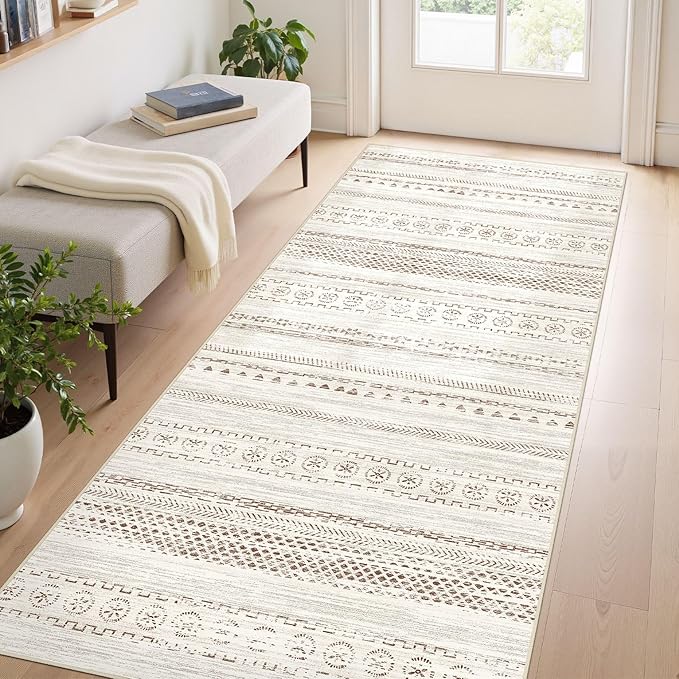 Area Rug Living Room Rugs - 3X8 Washable Boho Farmhouse Bohemian Neutral Large Moroccan Geometric Soft No Slip Indoor Thin Floor Carpet for Bedroom Under Dining Table Home Office - Brown