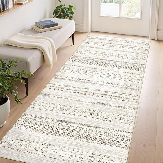 Area Rug Living Room Rugs - 3X8 Washable Boho Farmhouse Bohemian Neutral Large Moroccan Geometric Soft No Slip Indoor Thin Floor Carpet for Bedroom Under Dining Table Home Office - Brown