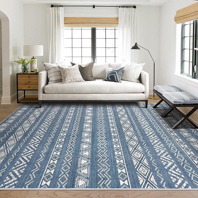 Area Rug Living Room Rugs - 5X7 Washable Boho Farmhouse Bohemian Neutral Large Moroccan Geometric Soft No Slip Indoor Thin Floor Carpet for Bedroom Under Dining Table Home Office -Blue
