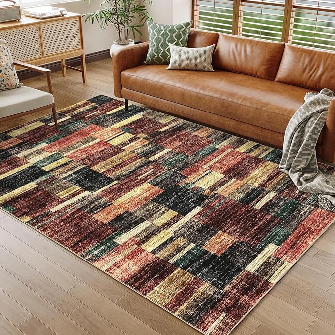 Washable Rugs 10x13 Rug for Living Room Modern Bedroom Rug Red Geometric Large Area Rug Non Slip Throw Rugs Soft Low Pile Stain Resistant Carpet for Dorm Dining Room 10'x13' Red