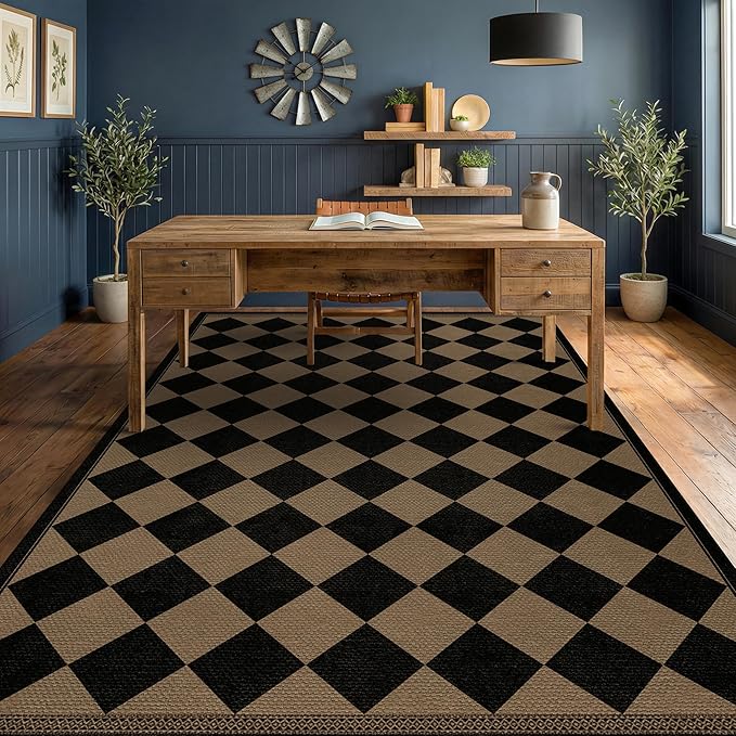 Vintage Rustic Cabin Easy Jute Black and Brown Checkered Rug for Dining Room 6x9, Stain Resistant Non-Slip Checkerboard Living Room Rug, Durable Boho Border Low Pile Carpet for Bedroom and Office