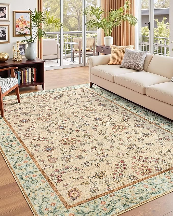 5x7 Washable Boho Area Rug for Living Room, Vintage Floral Non Slip Bedroom Rugs, Soft Low Pile Carpet for Kitchen Bathroom Farmhouse Nursery Kids Room Dining Room, Beige/Green