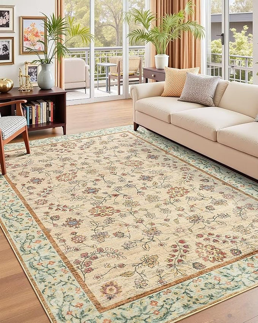 5x7 Washable Boho Area Rug for Living Room, Vintage Floral Non Slip Bedroom Rugs, Soft Low Pile Carpet for Kitchen Bathroom Farmhouse Nursery Kids Room Dining Room, Beige/Green