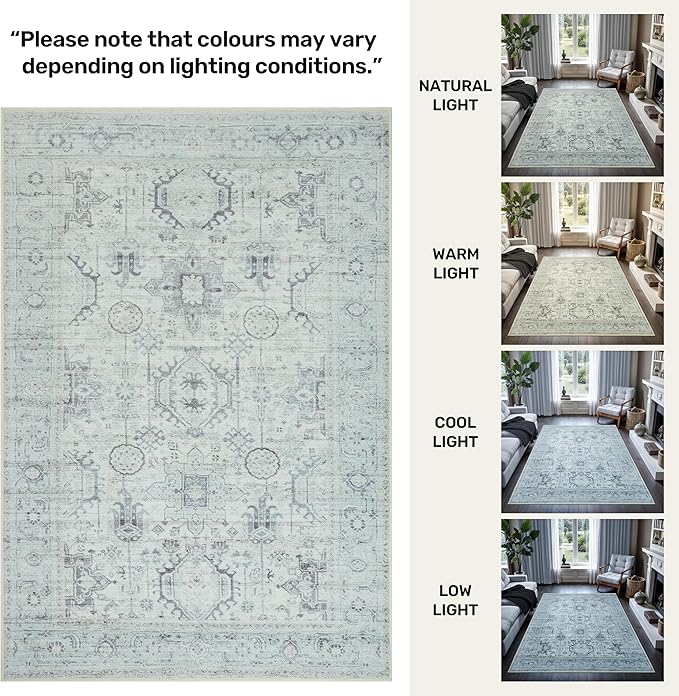 GLN Rugs Bohemian Collection - Machine Washable Area Rug, Bohemian Vintage, Non Slip, Low Pile Chenille Rug, Living Room, Bedroom, Bathroom Rug (4'x6' Beige and Gray)