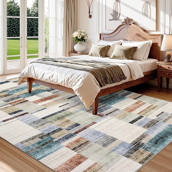 Washable Rug 10x13 Area Rug for Bedroom Farmhouse Geometric Living Room Rug Non Slip Large Area Rug Low Pile Throw Rugs Stain Resistant Carpet for Dining Room Multi 10'x13'