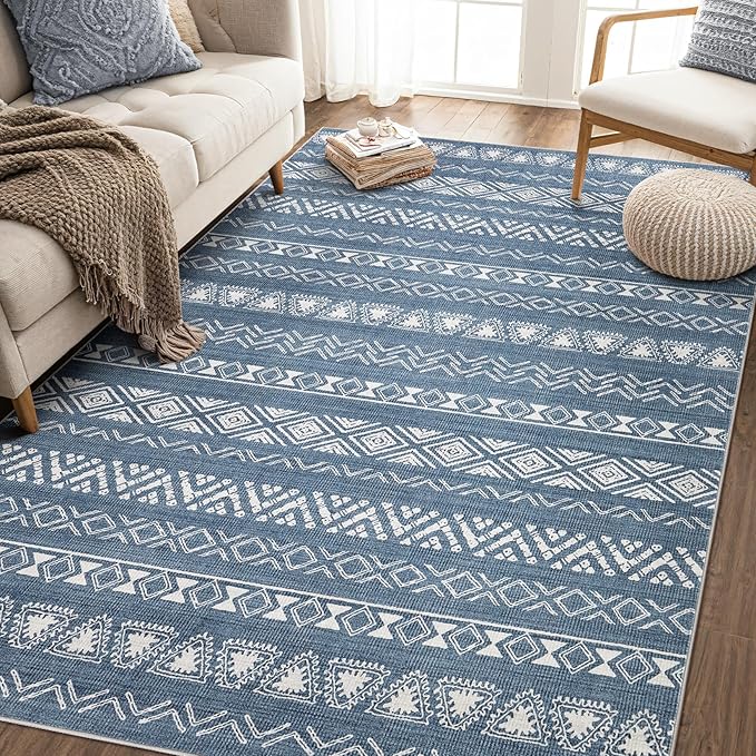 Area Rug Living Room Rugs - 8X10 Washable Boho Farmhouse Bohemian Neutral Large Moroccan Geometric Soft No Slip Indoor Thin Floor Carpet for Bedroom Under Dining Table Home Office -Blue