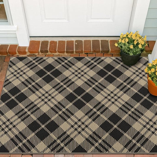 JTJ Vintage Indoor Entrance 4x3 Rug - Easy Jute Woven Door Mat for Indoor Area, 3x4 Large Kitchen Rug, Washable Low Pile Black and White Geometric Aesthetic Natural Color Decor