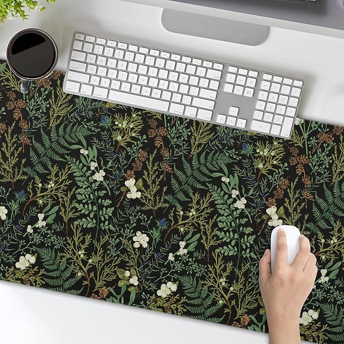 Black Aesthetic Vintage Botanical Gaming Mouse Pad Extended 3XL Cute Forest Green Plant Nature Floral Large Big Mousepad Non-Slip Stitched Edge Long Mat for Desk Computer,47.2x23.6 Inch,120x60 CM