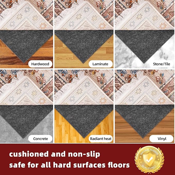 BAGAIL Felt and Natural Rubber Backing Rug Pads 1/8” Thick, 3 x 5 Ft Non Slip Rug Gripper Keep Rugs in Place, Under Area Rug Protective Cushioned Pads, Carpet Runners, Hardwood Floors Protection