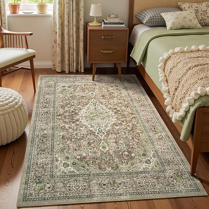 4x6 Green Washable Boho Area Rug for Bedroom, Vintage Floral Non Slip Living Room Rugs, Soft Low Pile Indoor Mat, Aesthetic Pattern Carpet for Kitchen, Dining Room and Bedside