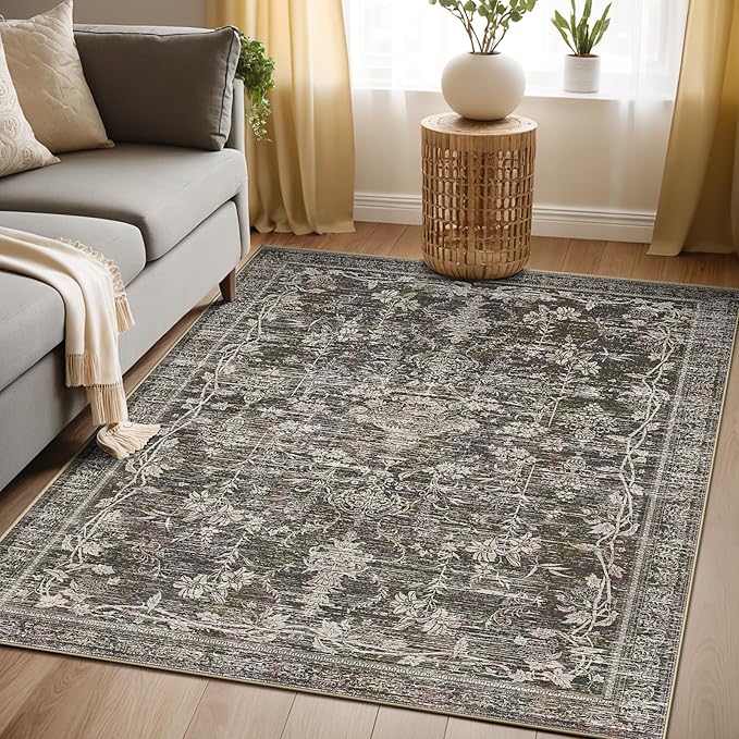 Area Rugs 5x7, Washable Rugs for Living Room, Non-Slip Rug, Boho Medallion Rug, Distressed Carpet, Low Pile Boho Rugs for Bedroom Dining Room