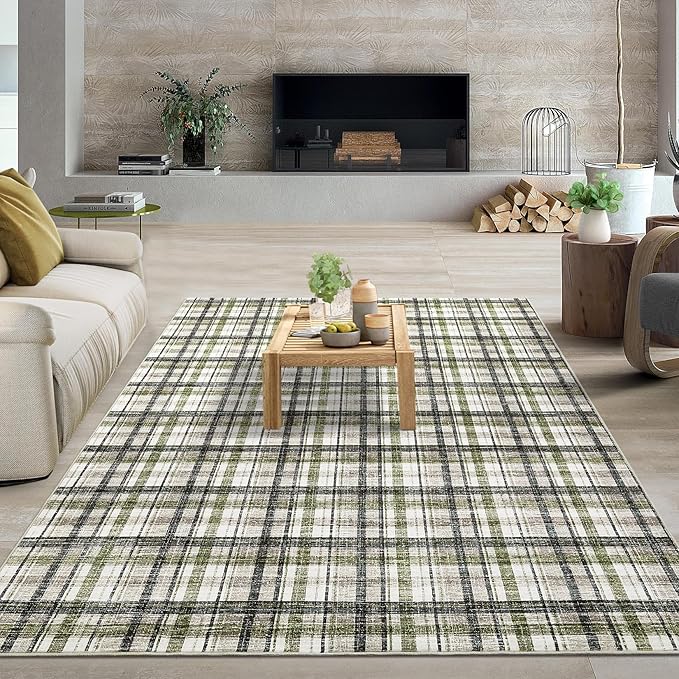 Washable Area Rug 8x10 Rug for Living Room Modern Non Slip Throw Rugs Farmhouse Large Rugs for Bedroom Low Pile Non Shedding Stain Resistant Carpet for Dining Room 8'x10' Green&Taupe