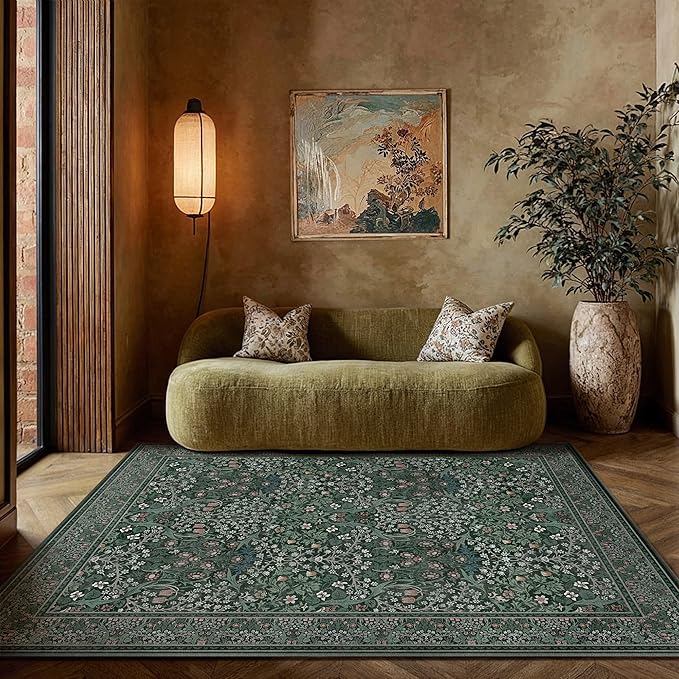 HUGEAR Vintage Floral Machine Washable 5x7 Area Rugs Green Living Room Bedroom Rug Retro Neutral Stain Resistant Non Slip Low Pile Throw Carpet for Office Dining Aesthetic Modern Decor
