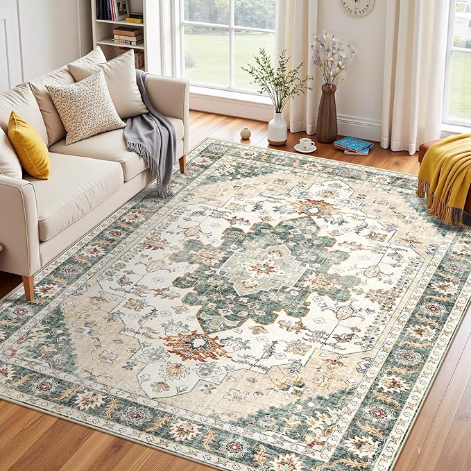 Area Rugs 5x7, Washable Rugs for Living Room, Non-Slip Rug, Boho Medallion Rug, Distressed Carpet, Low Pile Boho Rugs for Bedroom Dining Room
