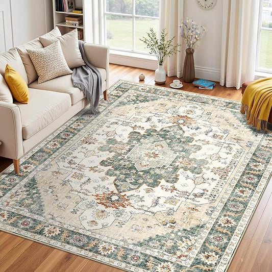 Area Rugs 5x7, Washable Rugs for Living Room, Non-Slip Rug, Boho Medallion Rug, Distressed Carpet, Low Pile Boho Rugs for Bedroom Dining Room