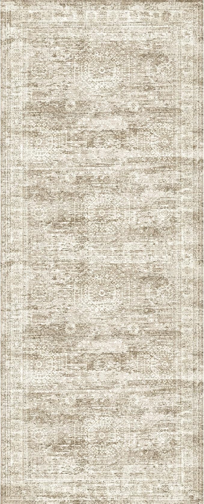 2x5 Rug Runner Washable for Entryway, Soft Bathroom Rugs with Non-Slop Backing, Abstract Low Pile Hallway Runner, Vintage Small Kitchen Carpet for Stair, Laundry Room(2'x5', Brown/Ivory)