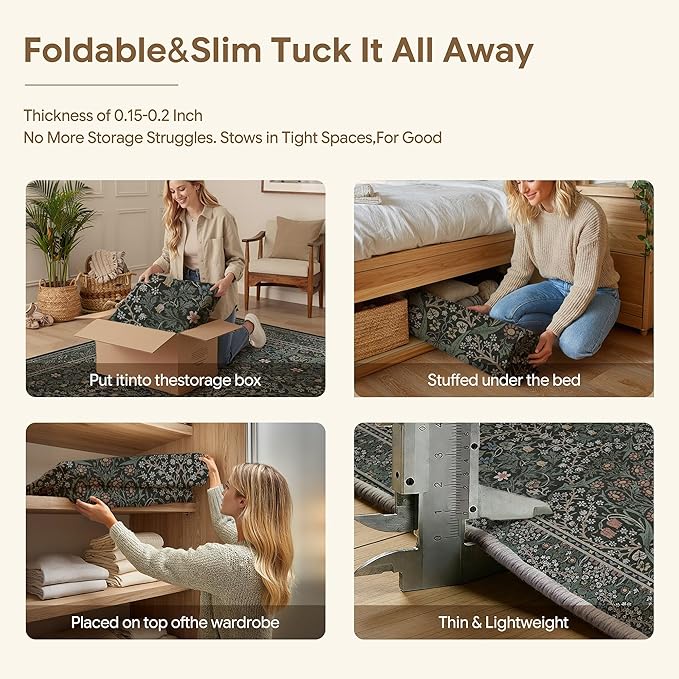 HUGEAR Vintage Floral Machine Washable 6x9 Area Rugs Green Living Room Bedroom Rug Retro Neutral Stain Resistant Non Slip Low Pile Throw Carpet for Home Aesthetic Modern Decor