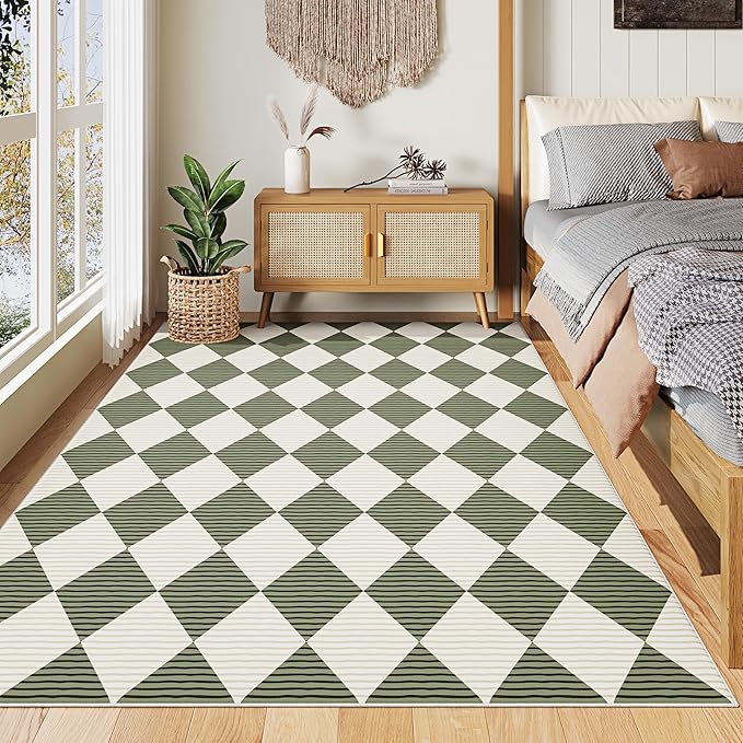 6x9 Washable Checkered Rugs for Bedroom, Green and White Area Rug for Living Room, Geometric Faux Wool Carpet for Kids, Girls, Boys Playroom, Dorm, Nursery, Dining Room, Kitchen, Non Slip