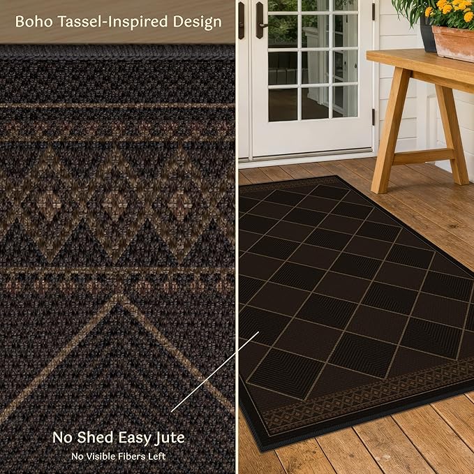 Dark Brown Diamond Checkered Easy Jute Rug 4x6, Non-Shedding Stain Resistant Checkerboard Area Rug, Low Pile Indoor Outdoor Carpet for Entryway, Living Room, Porch & Office，Mid-Century Modern Style