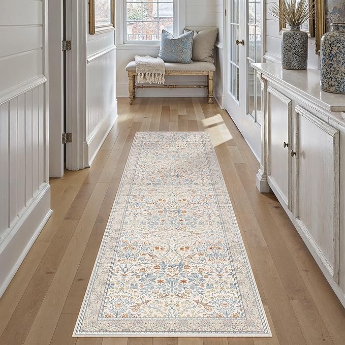 HUGEAR Vintage Floral 2x8 Machine Washable Runner Rugs Beige Hallway Rug Retro Neutral Stain Resistant Non Slip Low Pile Throw Carpet for Bedroom Kitchen Aesthetic Modern Decor