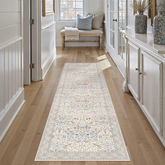 HUGEAR Vintage Floral 2x8 Machine Washable Runner Rugs Beige Hallway Rug Retro Neutral Stain Resistant Non Slip Low Pile Throw Carpet for Bedroom Kitchen Aesthetic Modern Decor