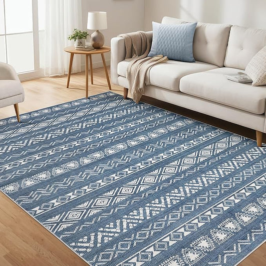 Area Rug Living Room Rugs - 6X9 Washable Boho Farmhouse Bohemian Neutral Large Moroccan Geometric Soft No Slip Indoor Thin Floor Carpet for Bedroom Under Dining Table Home Office -Blue