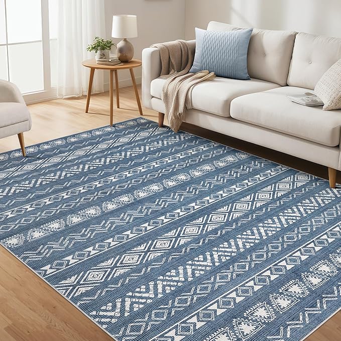 Area Rug Living Room Rugs - 5X7 Washable Boho Farmhouse Bohemian Neutral Large Moroccan Geometric Soft No Slip Indoor Thin Floor Carpet for Bedroom Under Dining Table Home Office -Blue