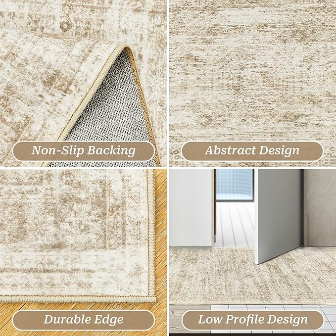 2x3 Washable Rug Runner for Bathroom, Soft Entryway Rug for Laundry Room, Kitchen, Vintage Abstract Hallway Runner for Bedroom, Anti-Slip Door Mat Indoor Entrance(2'x3', Beige/Ivory)