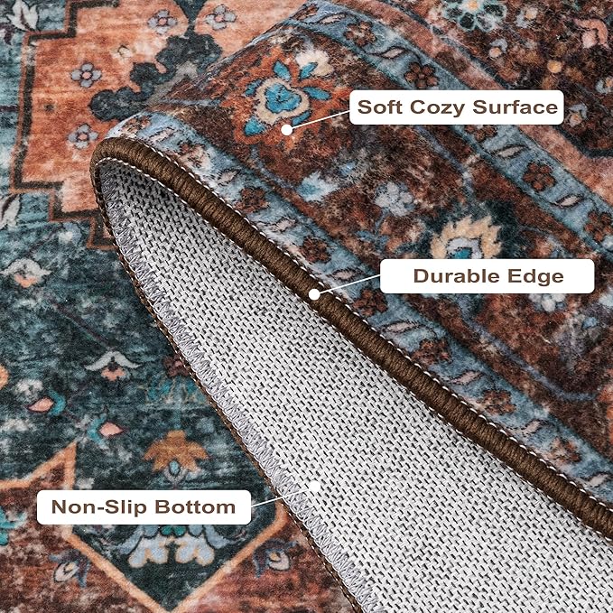 Ciicool Area Rug 5x7ft Washable Rugs for Living Room Non-Slip Indoor Rugs Large Low-Pile Mat Floor Carpet Vintage Rug for Bedroom Dinning Foyer Decor (Brick Red/Dull Teal)