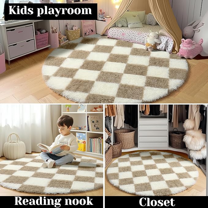KICMOR Round Rugs 5ft for Bedroom Living Room, Fluffy Soft Circle Area Rug Fuzzy Shag Shaggy Carpet, Beige and Cream White Checkered Circular Rug for Kids Girls Boys Nursery Home Decor Aesthetic