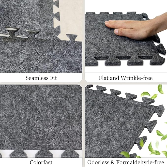 BXI Soundproof Interlocking Rug Pad 24 Pcs, 11x 11 x 0.32 inches Non Slip Rug Pads, High Density Noise Reduction Puzzle Felt Carpet Padding, Rug Mat Protects and Adds Cushion for Hardwood Floor