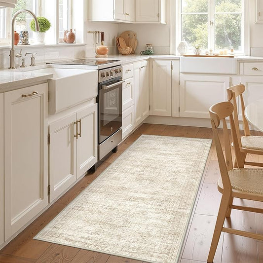 3x8 Runner Rug Non Slip Washable for Entryway, Vintage Hallway Runner for Front Porch, Laundry Room, Bedroom, Abstract Stain Resistant Thin Indoor Kitchen Mats for Floor(3'x8', Beige/Ivory)