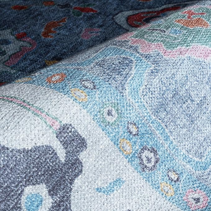 Fame Rugs Blue Modern Oushak Rug 2'6"x7', Washable Vintage Turkish Colorful Oriental Antique Inspired Foldable Small Runner Rugs, Luxury Living Room Bedroom (381LB, 2'6" x 7')