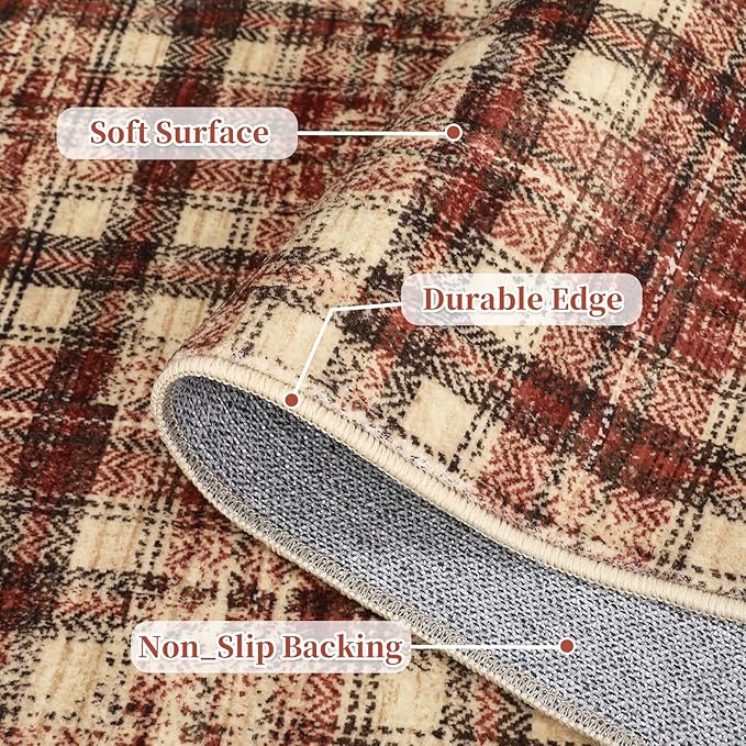 Washable Area Rug 3x5 Christmas Rug with Non Slip Rubber Backing, Modern Plaid Bedroom Rugs Farmhouse Soft Low Pile Rustic Accent Rug for Entrance Living Room Kitchen Home Decor