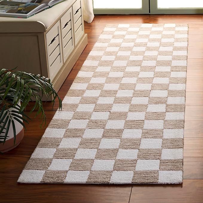 SAFAVIEH Ebony Collection Runner Rug - 2'3" x 8', Brown & Ivory, Handmade Wool, Checkered Pattern, Ideal for Living Room, Hallway, Foyer, Bedroom (EBN175T-28)