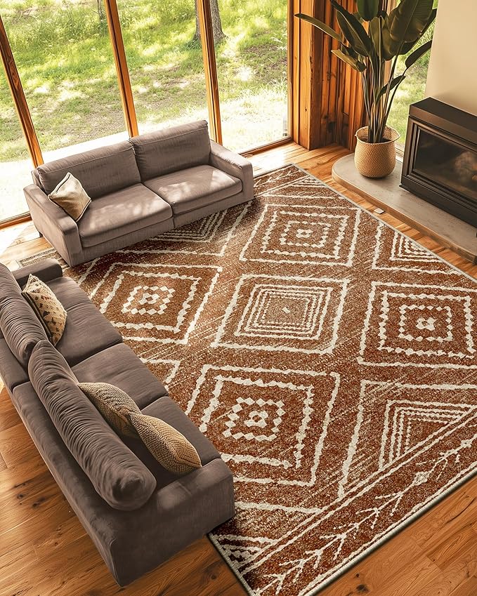 Area Rug 9x12 Rug Machine Washable Non-Slip Low Pile Print Pattern Western Rug for Living Room Bedroom Entryway Tribal Series -Yellowbrown/Cream