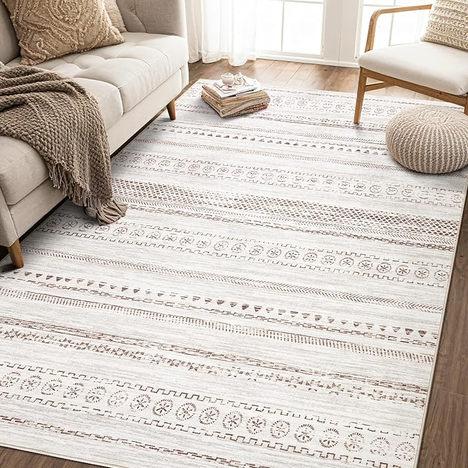 Area Rug Living Room Rugs - 8x10 Washable Boho Farmhouse Bohemian Neutral Large Moroccan Geometric Soft No Slip Indoor Thin Floor Carpet for Bedroom Under Dining Table Home Office - Brown