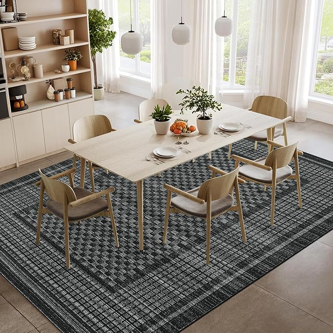 Washable Area Rugs 5x7 Rug for Living Room Modern Large Area Rug for Bedroom Aesthetic Non Slip Throw Rugs Soft Faux Wool Low Pile Stain Resistant Carpet for Dining Room Office Rug 5'x7' Black